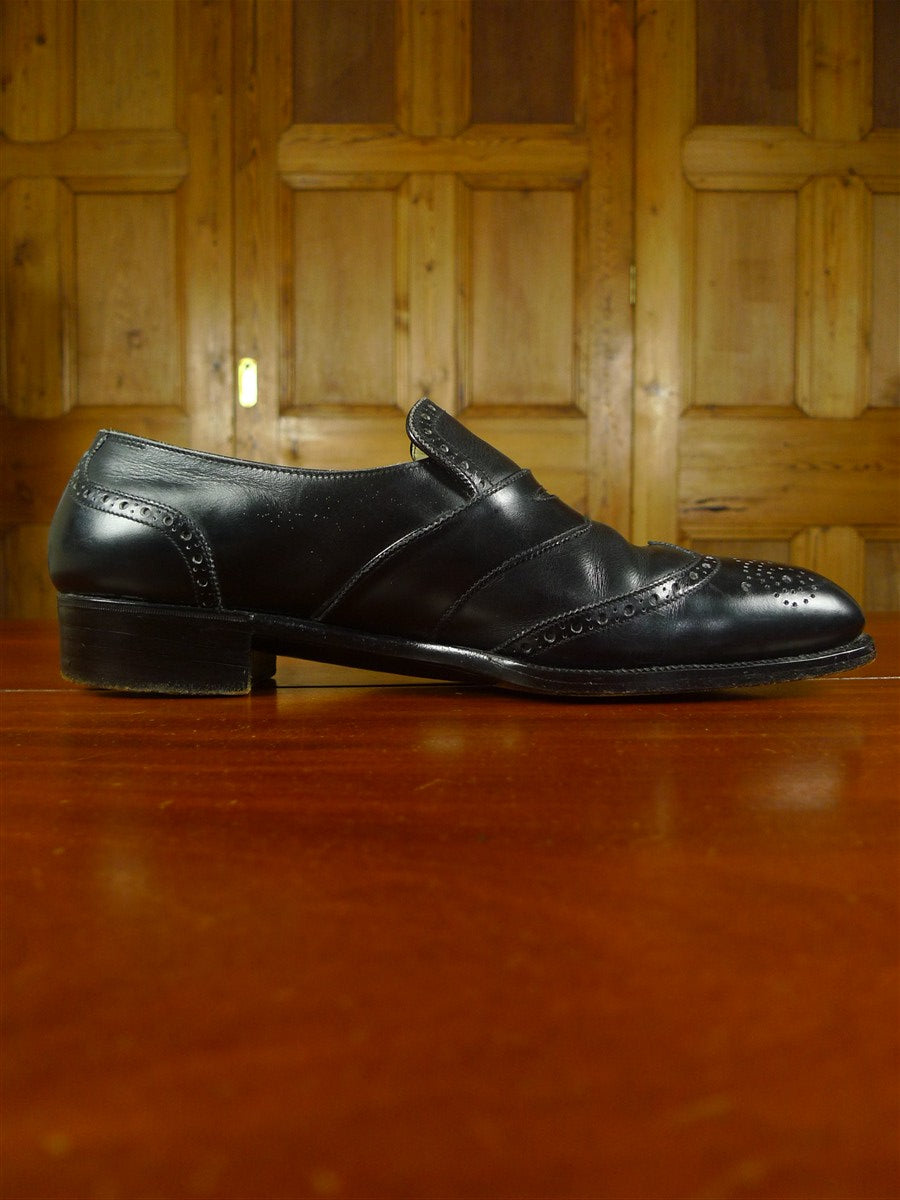 26/0711 beautiful vintage george cleverly black leather brogue slip-on shoe w/ bags uk 9