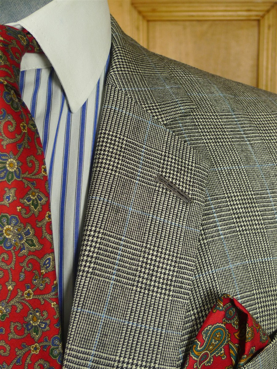 26/0712 vintage 1985 daniel w jupp savile row bespoke grey / blue prince of wales check worsted flannel suit 38 short