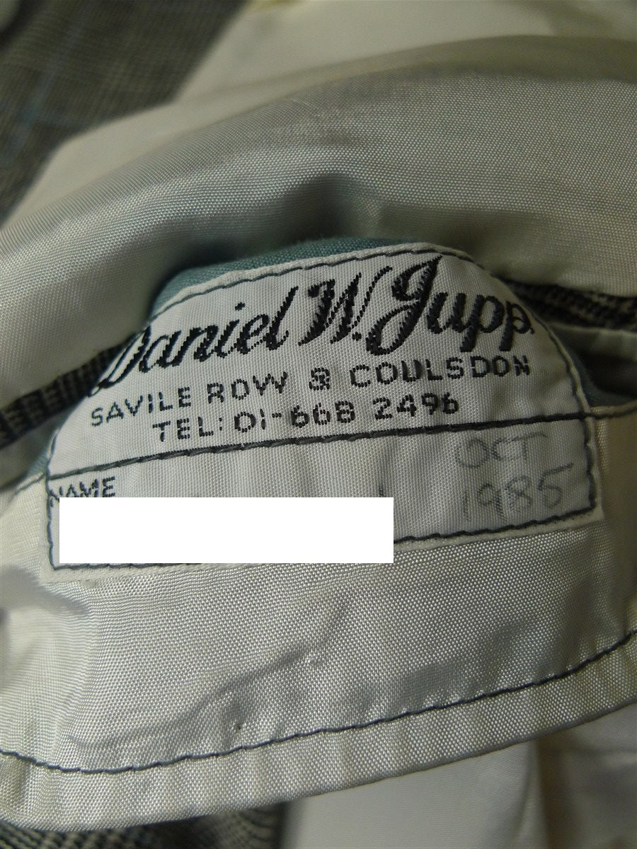 26/0712 vintage 1985 daniel w jupp savile row bespoke grey / blue prince of wales check worsted flannel suit 38 short