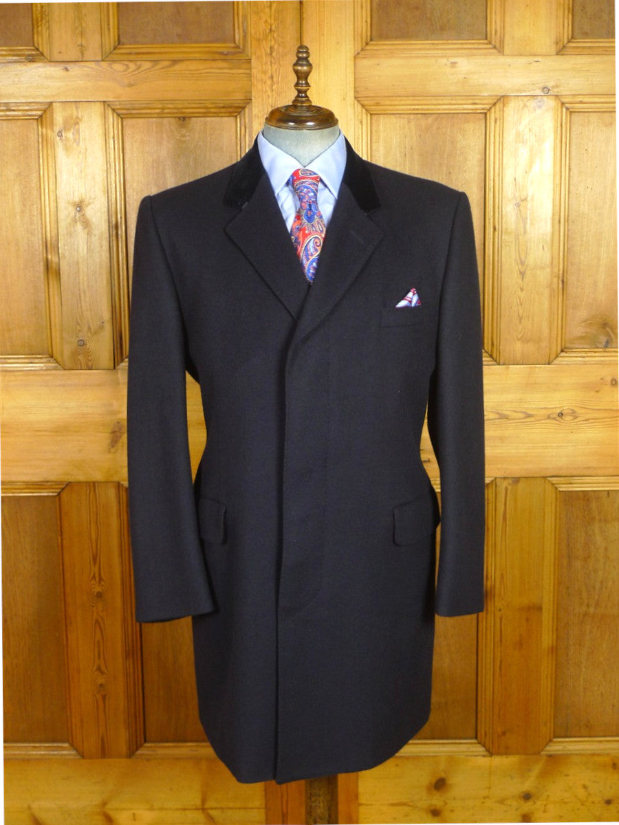 26/0722 vintage genuine crombie navy blue wool coat overcoat w/ velvet collar & red linings 44-45 regular