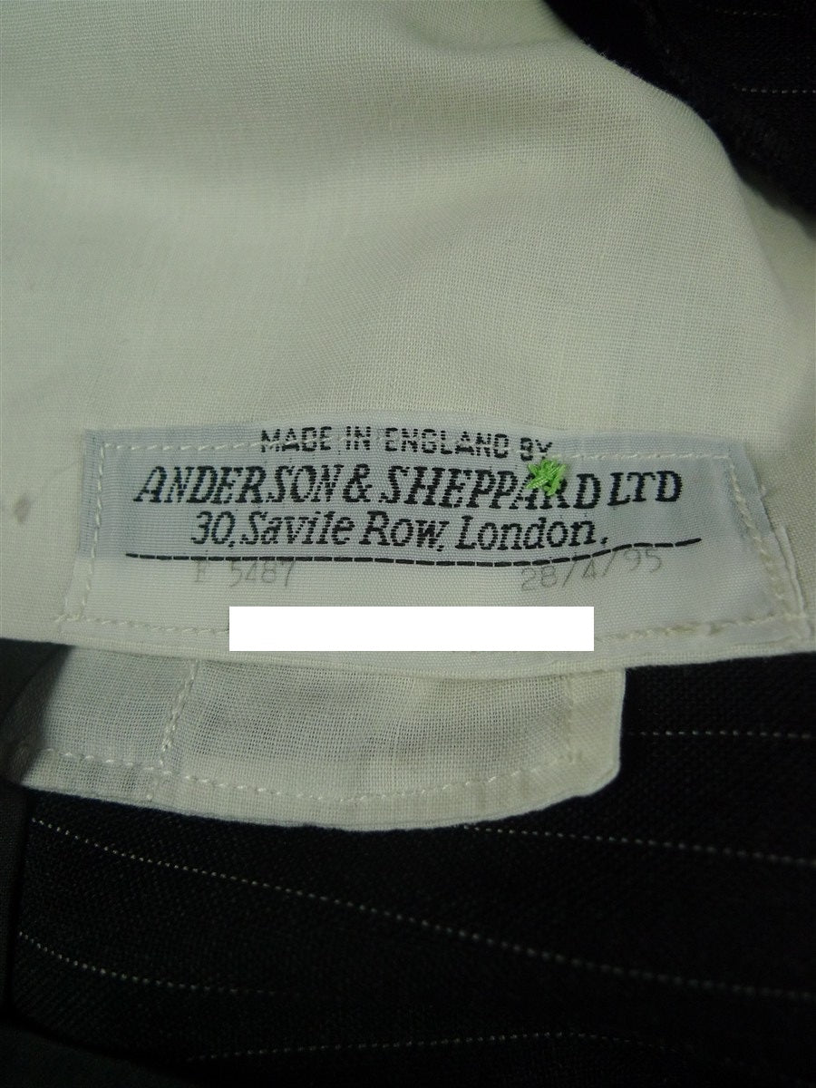 26/0726 immaculate 1995 anderson & sheppard savile row bespoke black pin-striped/b wool worsted suit 38-39 regular