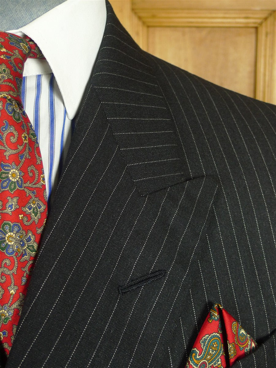 26/0726 immaculate 1995 anderson & sheppard savile row bespoke black pin-striped/b wool worsted suit 38-39 regular