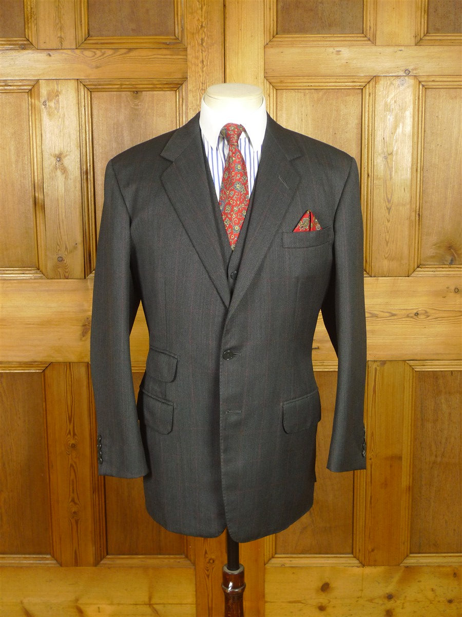 26/0725 immaculate 1991 anderson & seheppard savile row bespoke charcoal grey / red wp overcheck worsted 3-piece suit 39 regular