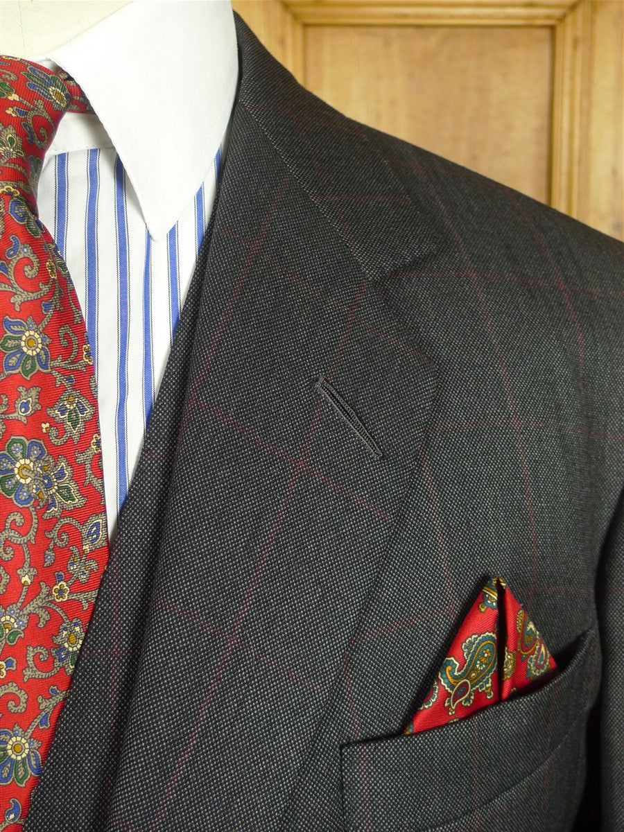 26/0725 immaculate 1991 anderson & seheppard savile row bespoke charcoal grey / red wp overcheck worsted 3-piece suit 39 regular