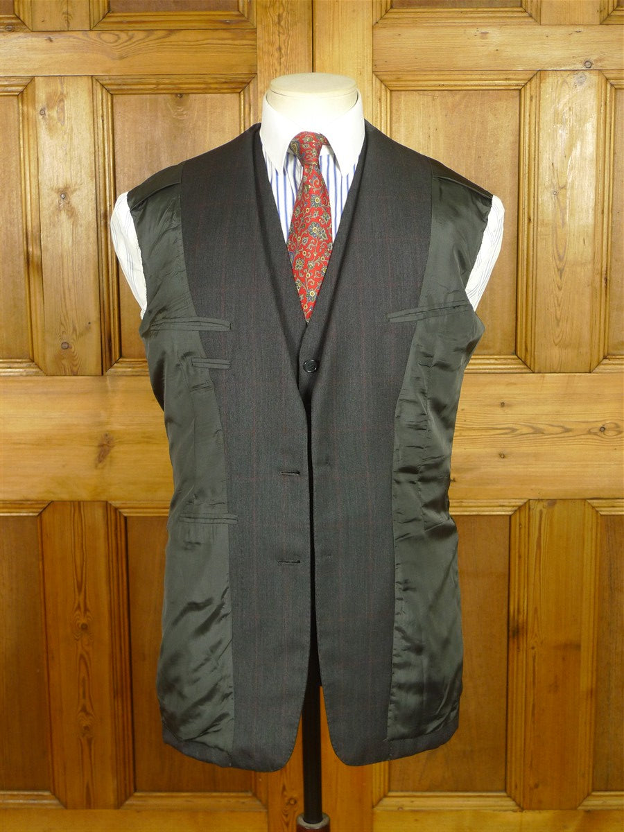 26/0725 immaculate 1991 anderson & seheppard savile row bespoke charcoal grey / red wp overcheck worsted 3-piece suit 39 regular