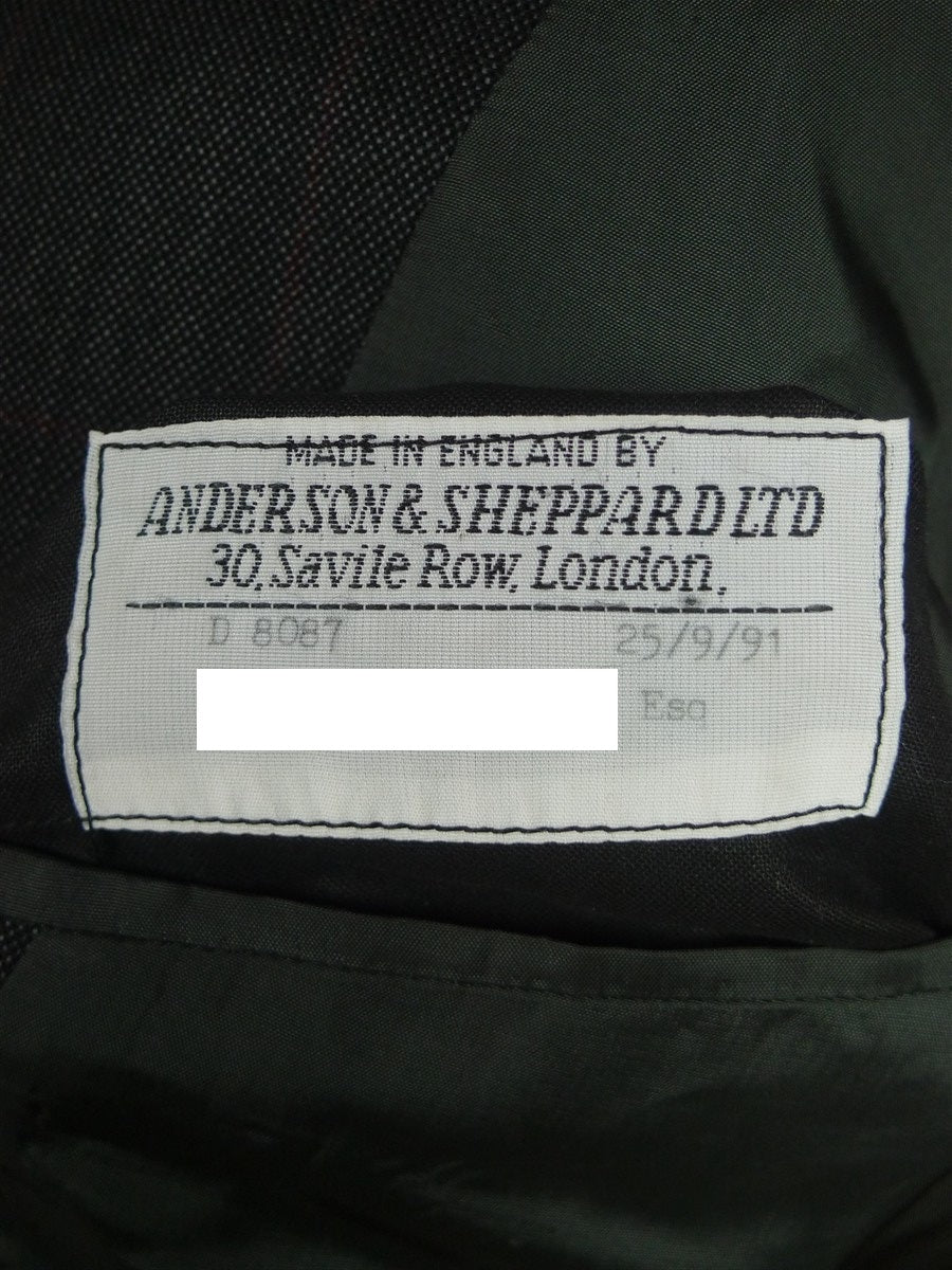 26/0725 immaculate 1991 anderson & seheppard savile row bespoke charcoal grey / red wp overcheck worsted 3-piece suit 39 regular