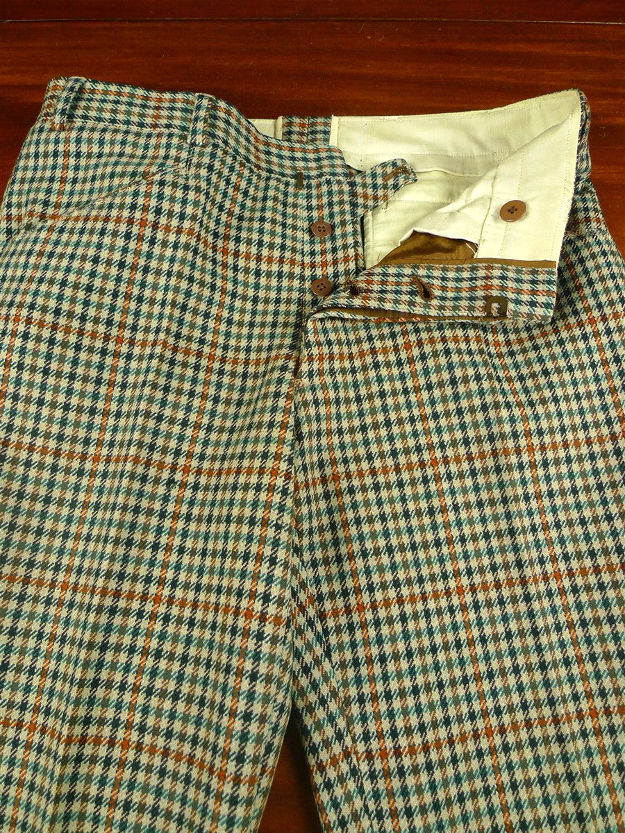 26/0729 immaculate vintage bespoke tailored brown / green shepherds check button-fly tweed trouser 32