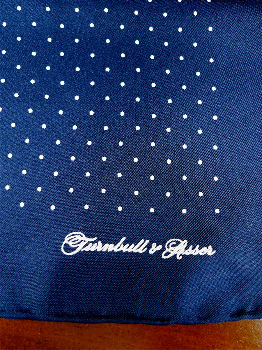 26/0738 immaculate turnbull & asser Jermyn St. navy blue polka dot 100% silk pocket square