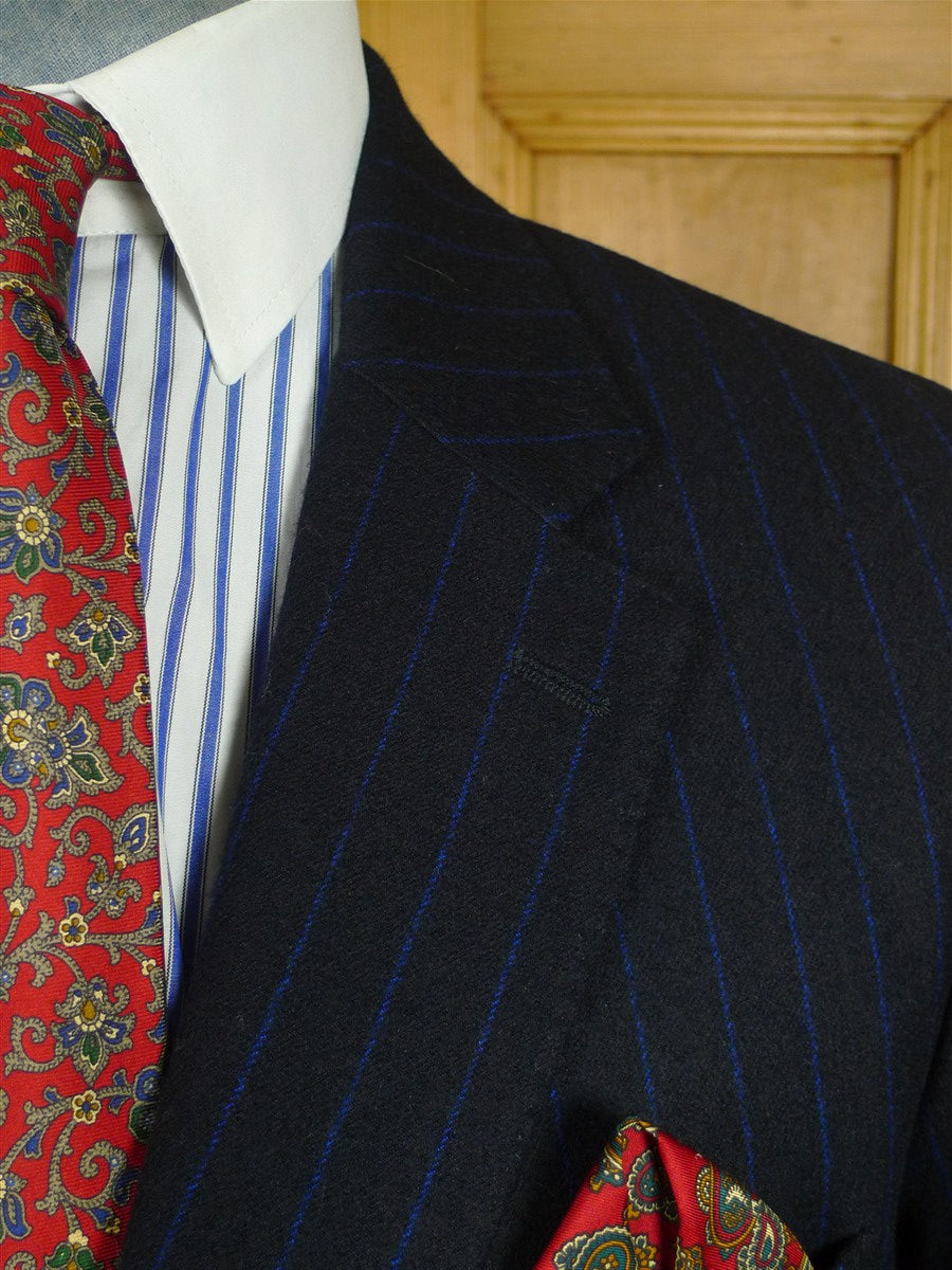 26/0762 immaculate crombie navy / royal blue chalk-stripe worsted flannel suit w/ red lining 39-40 regular