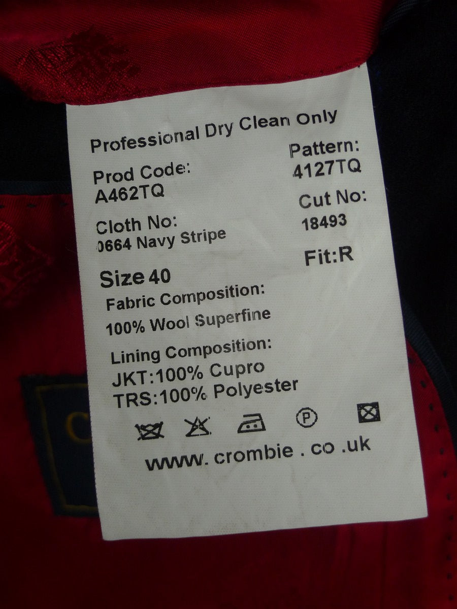 26/0762 immaculate crombie navy / royal blue chalk-stripe worsted flannel suit w/ red lining 39-40 regular
