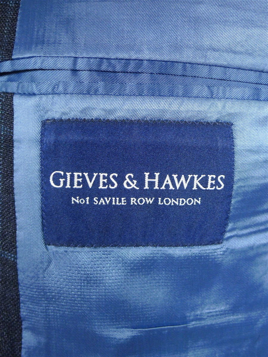 26/0777 immaculate gieves & hawkes savile row silk linen wool blue wp check sports jacket blazer 43-44 long