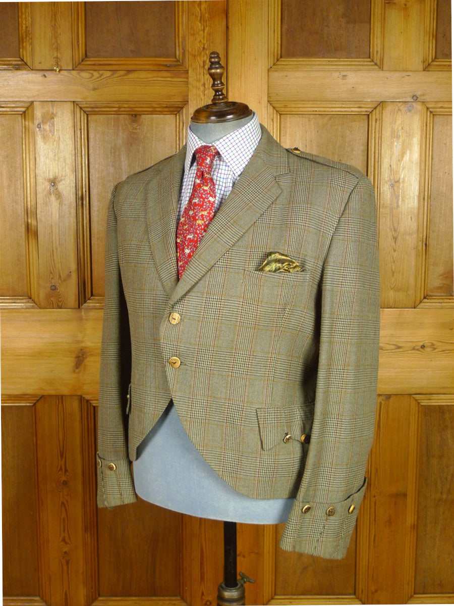 26/0807 wonderful 1950s 1960s vintage brown glen check worsted twist kilt jacket w/ staghorn buttons 44 regular