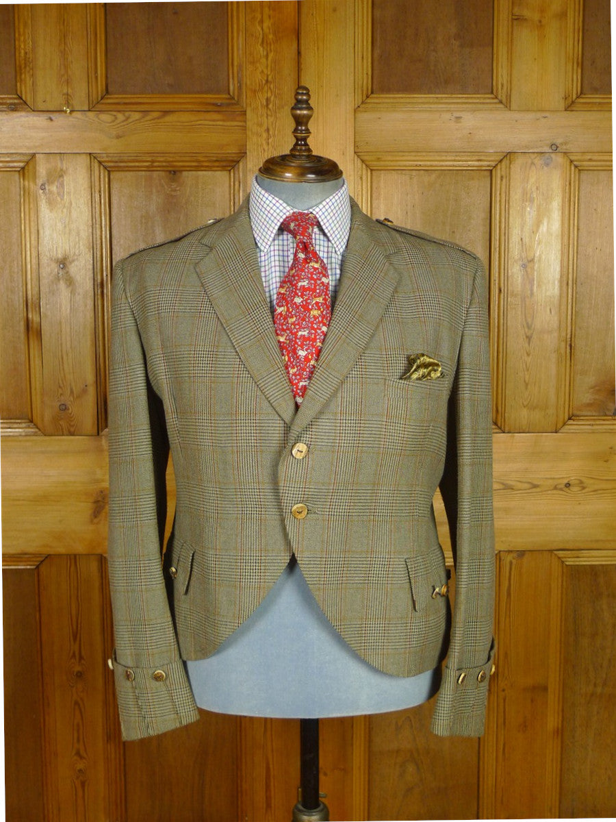 26/0807 wonderful 1950s 1960s vintage brown glen check worsted twist kilt jacket w/ staghorn buttons 44 regular
