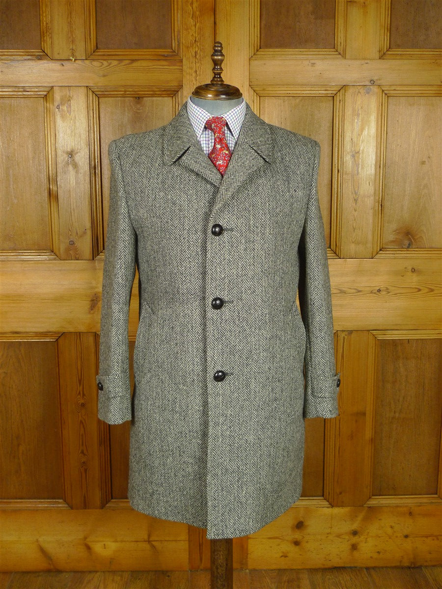 26/0804 vintage harris tweed grey herringbone wool car coat peacoat w/ leather buttons 41-42