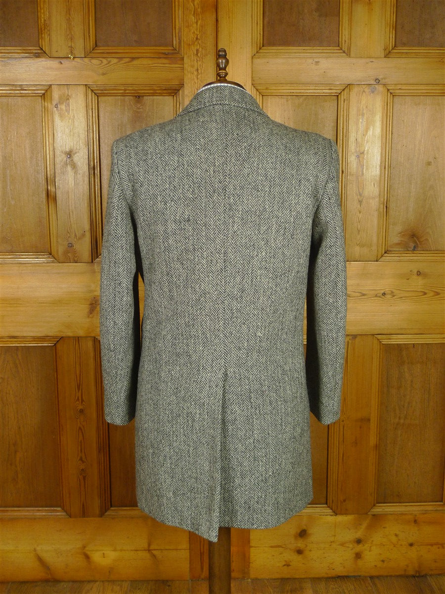 26/0804 vintage harris tweed grey herringbone wool car coat peacoat w/ leather buttons 41-42