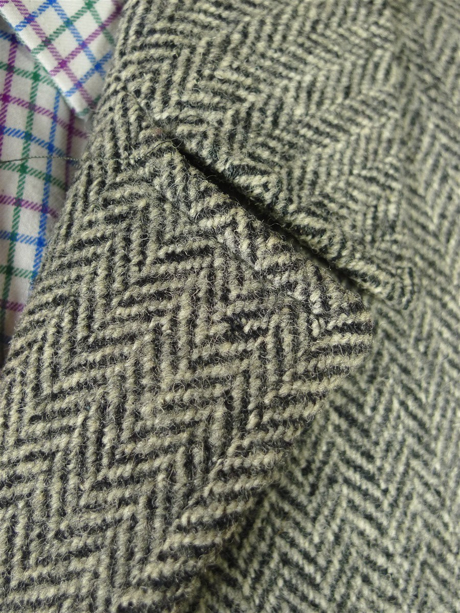 26/0804 vintage harris tweed grey herringbone wool car coat peacoat w/ leather buttons 41-42