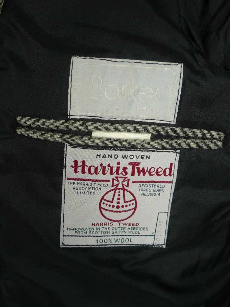 26/0804 vintage harris tweed grey herringbone wool car coat peacoat w/ leather buttons 41-42