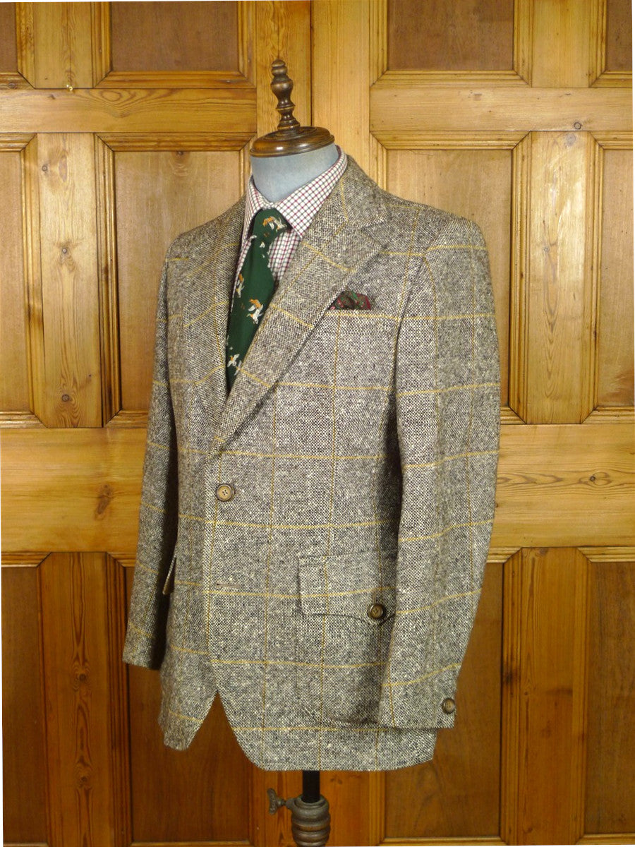 26/0809 wonderful vintage brown wp check irish tweed sports jacket blazer w/ horn buttons 38-39 regular
