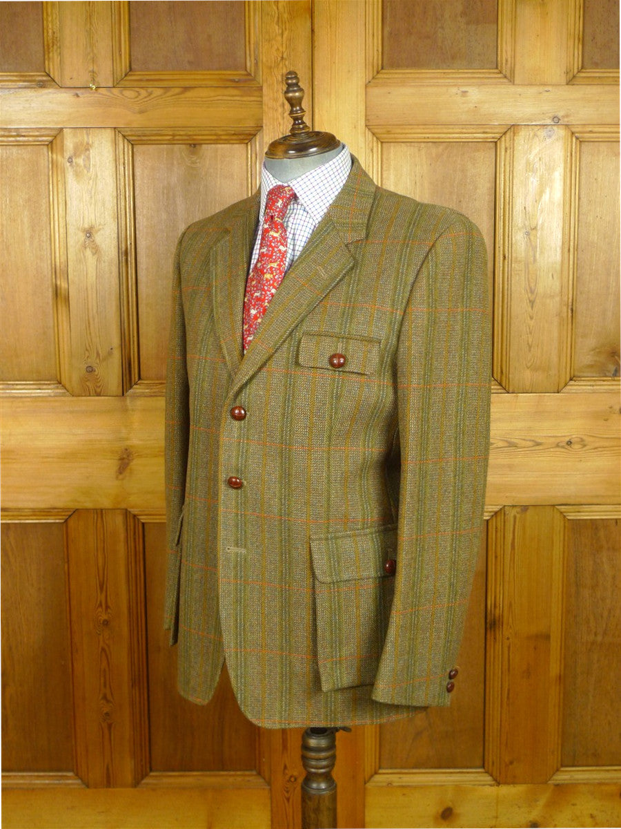 26/0818 immaculate british saxony wool green wp check tweed half-norfolk style shooting jacket 43-44 long
