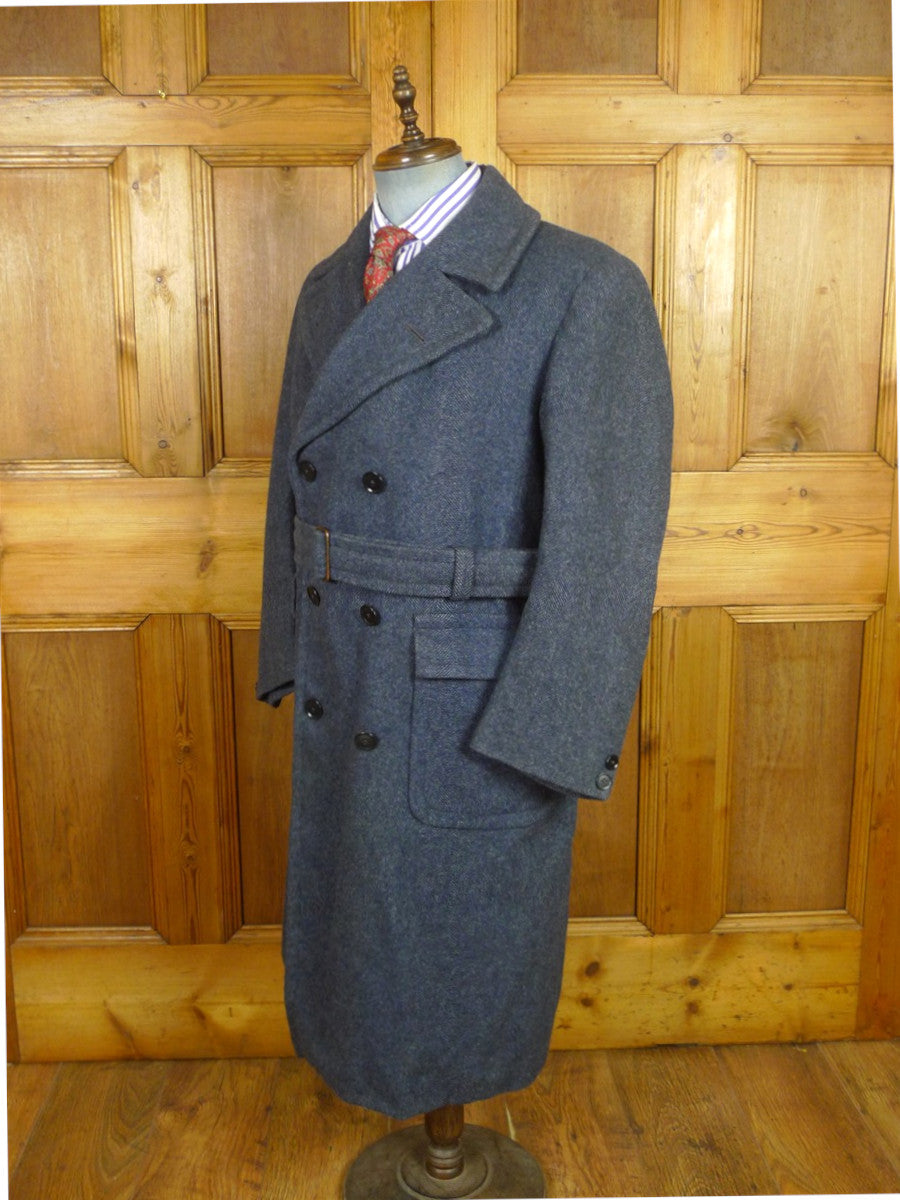 26/0824 exceptional near immaculate cc41 utility mark genuine ww2 era heavyweight d/b blue herringbone weave tweed overcoat w/ original belt & buttons 40