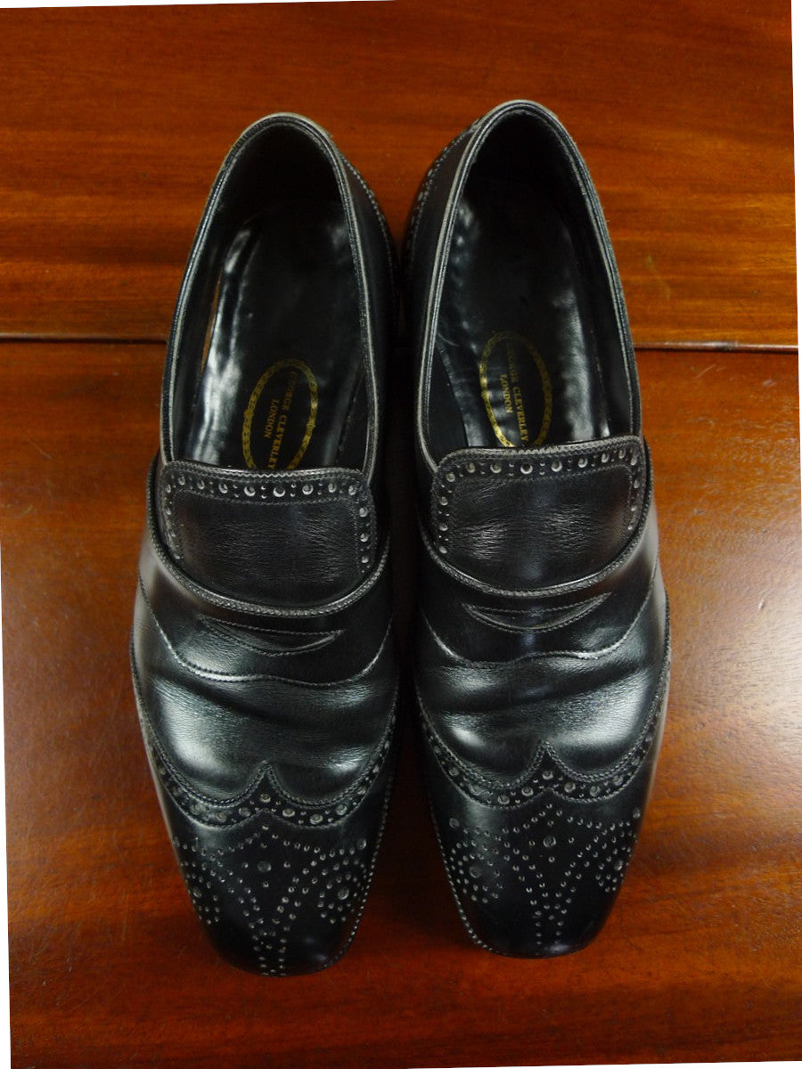 26/0711 beautiful vintage george cleverly black leather brogue slip-on shoe w/ bags uk 9