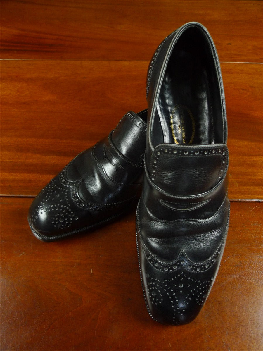 26/0711 beautiful vintage george cleverly black leather brogue slip-on shoe w/ bags uk 9