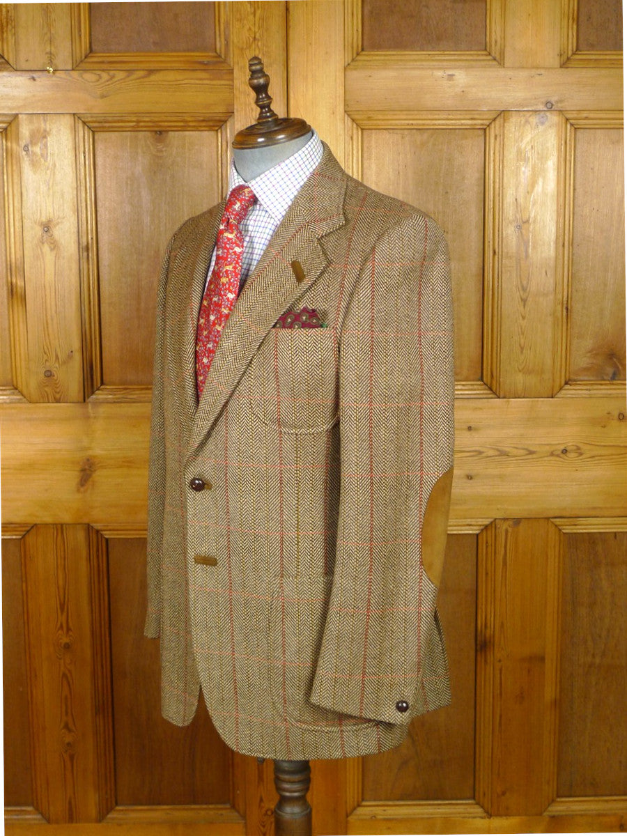 26/0854 wonderful vintage daks signature brown wp check herringbone tweed patch pocket sports jacket w/ suede elbow patches 39 regular