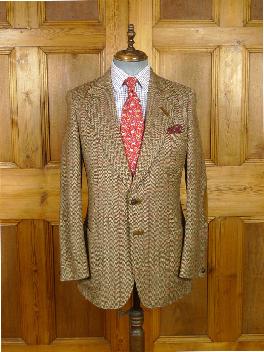 26/0854 wonderful vintage daks signature brown wp check herringbone tweed patch pocket sports jacket w/ suede elbow patches 39 regular