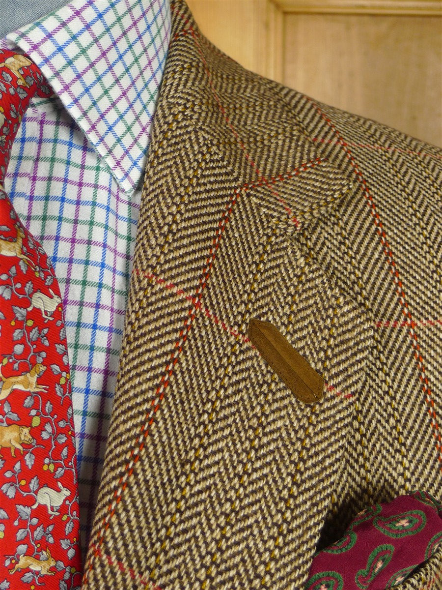 26/0854 wonderful vintage daks signature brown wp check herringbone tweed patch pocket sports jacket w/ suede elbow patches 39 regular