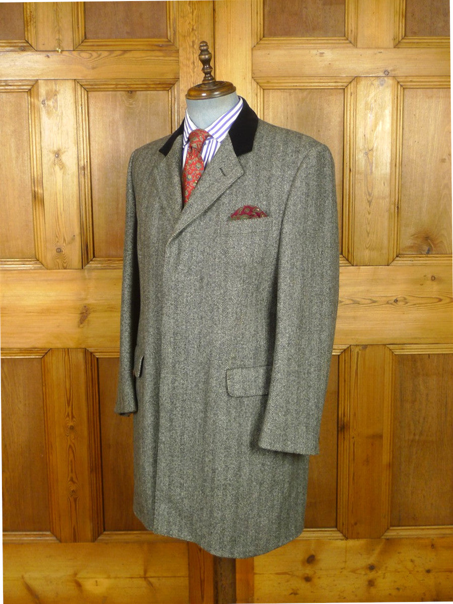 26/0859 near immaculate crombie grey herringbone wool chesterfield coat overcoat w/ velvet collar 42 regular