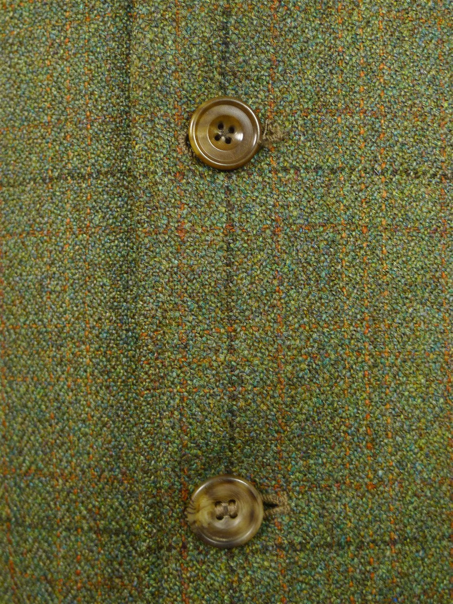26/0870 vintage tailor-made green wp check tweed shooting waistcoat vest w/ suede facings & cotton lining 47-48 long
