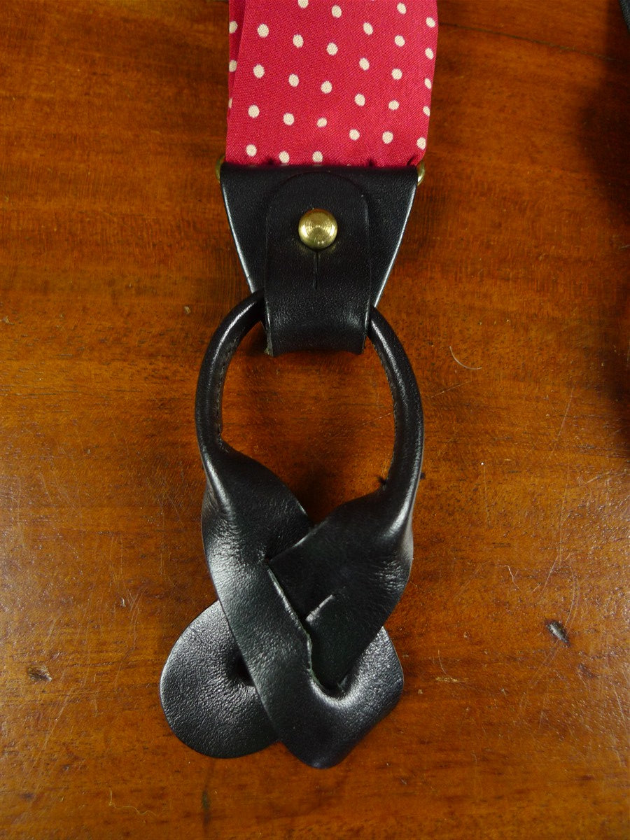 26/0918 red / cream polka dot silk braces w/ black leather ends