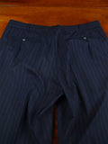 26/0956 vintage 2002 henry poole savile row bespoke navy blue pin-stripe d/b worsted & mohair suit 45 short to regular