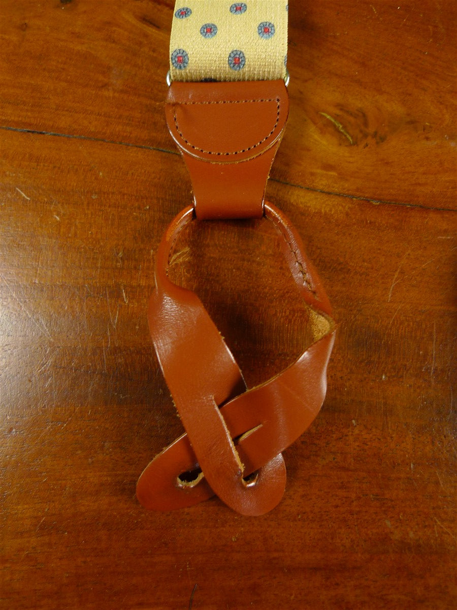 26/0999 gold / red & blue pattern braces w/ tan leather ends