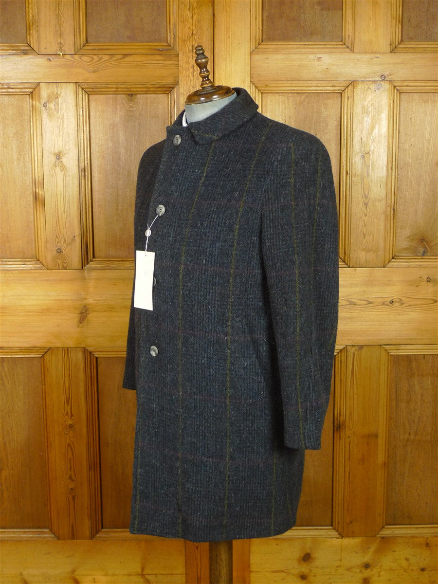 26/1020 wonderful vintage deadstock w/ tags italian blue wp check wool & 20% cashmere tweed coat overcoat w/ tartan backing 36-38