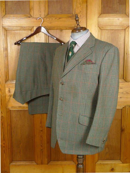 26/0976 vintage bespoke tailor green gun check 3-piece tweed suit 47 regular