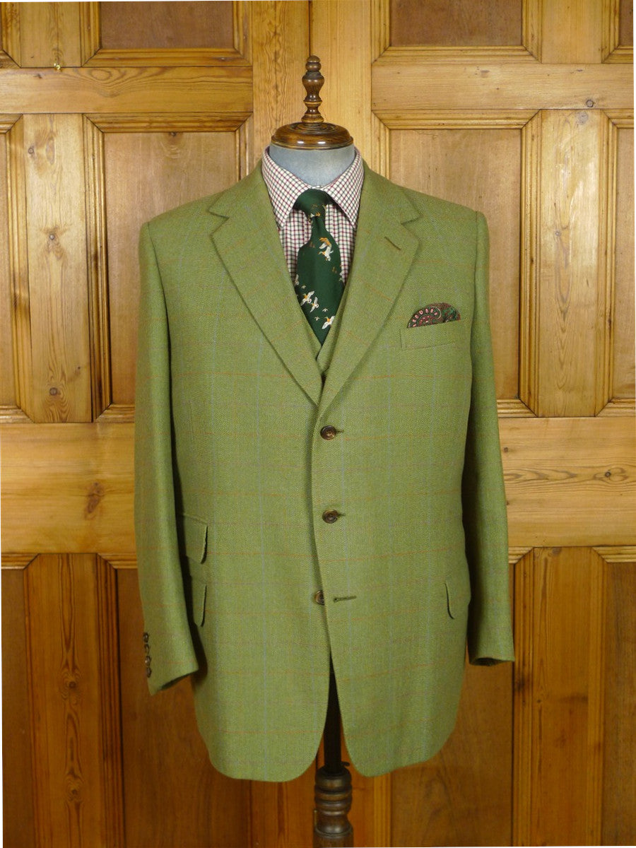 26/0977 immaculate 2013 gieves & hawkes savile row bespoke green wp check tweed jacket & matching waistcoat 47 regular