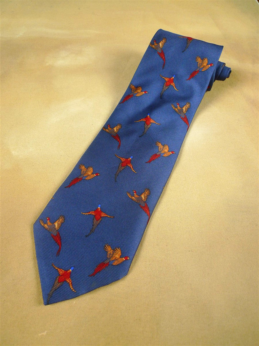26/0989 blue pheasant pattern silk tie for country pursuits / goodwood revival