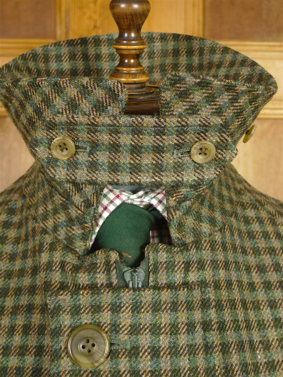 26/1026 Immaculate aquascutum green/ brown gun check wool tweed field coat w/ghillie collar 40-42