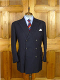 26/1044 vintage british bespoke heavyweight navy blue worsted d/b suit w/ yacht club buttons 46 short to regular