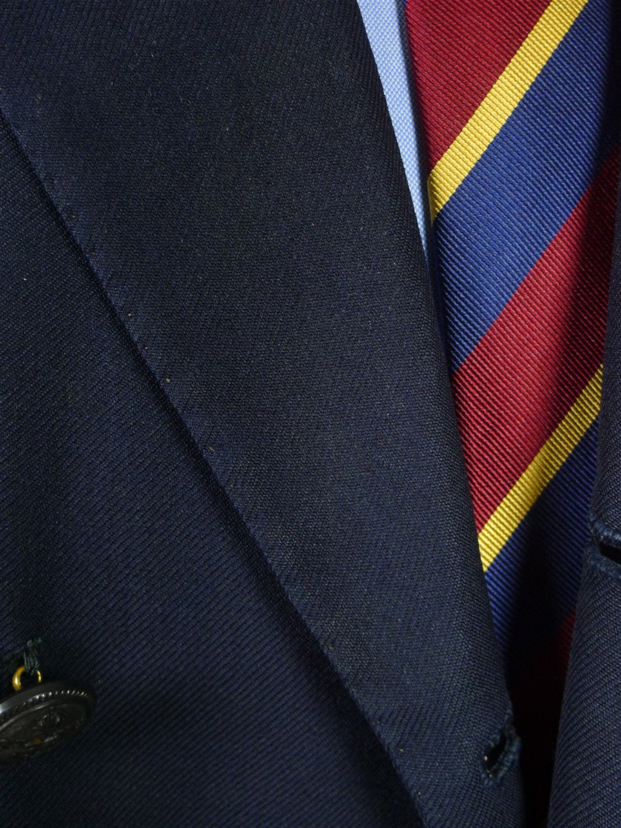 26/1044 vintage british bespoke heavyweight navy blue worsted d/b suit w/ yacht club buttons 46 short to regular