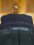 26/1044 vintage british bespoke heavyweight navy blue worsted d/b suit w/ yacht club buttons 46 short to regular