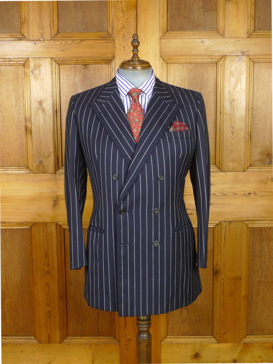 26/1063 immaculate 1991 huntsman savile row bespoke navy blue rope-stripe d/b worsted suit 41 regular to long