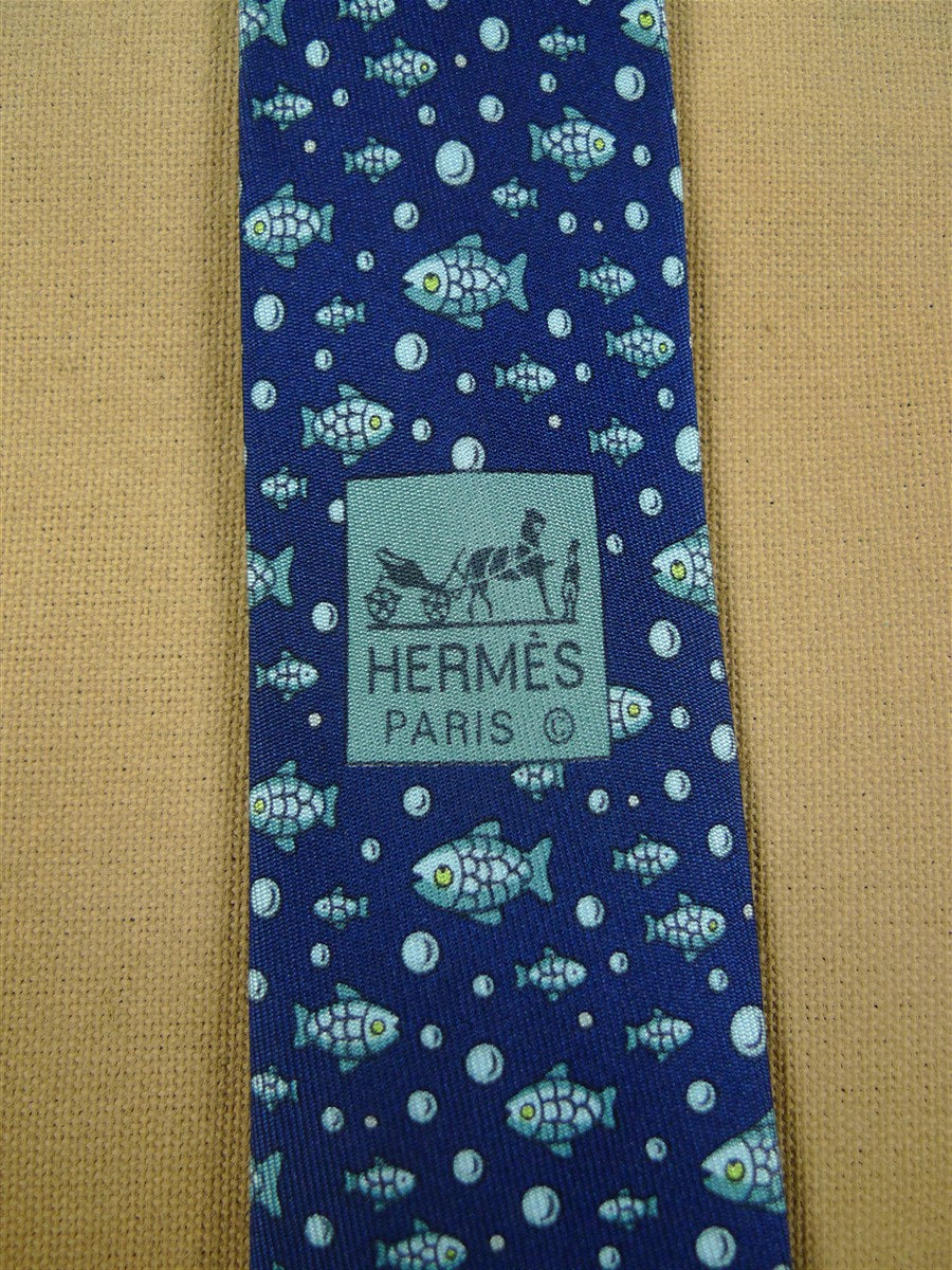 26/1076 hermes blue fish pattern silk tie 5035pa