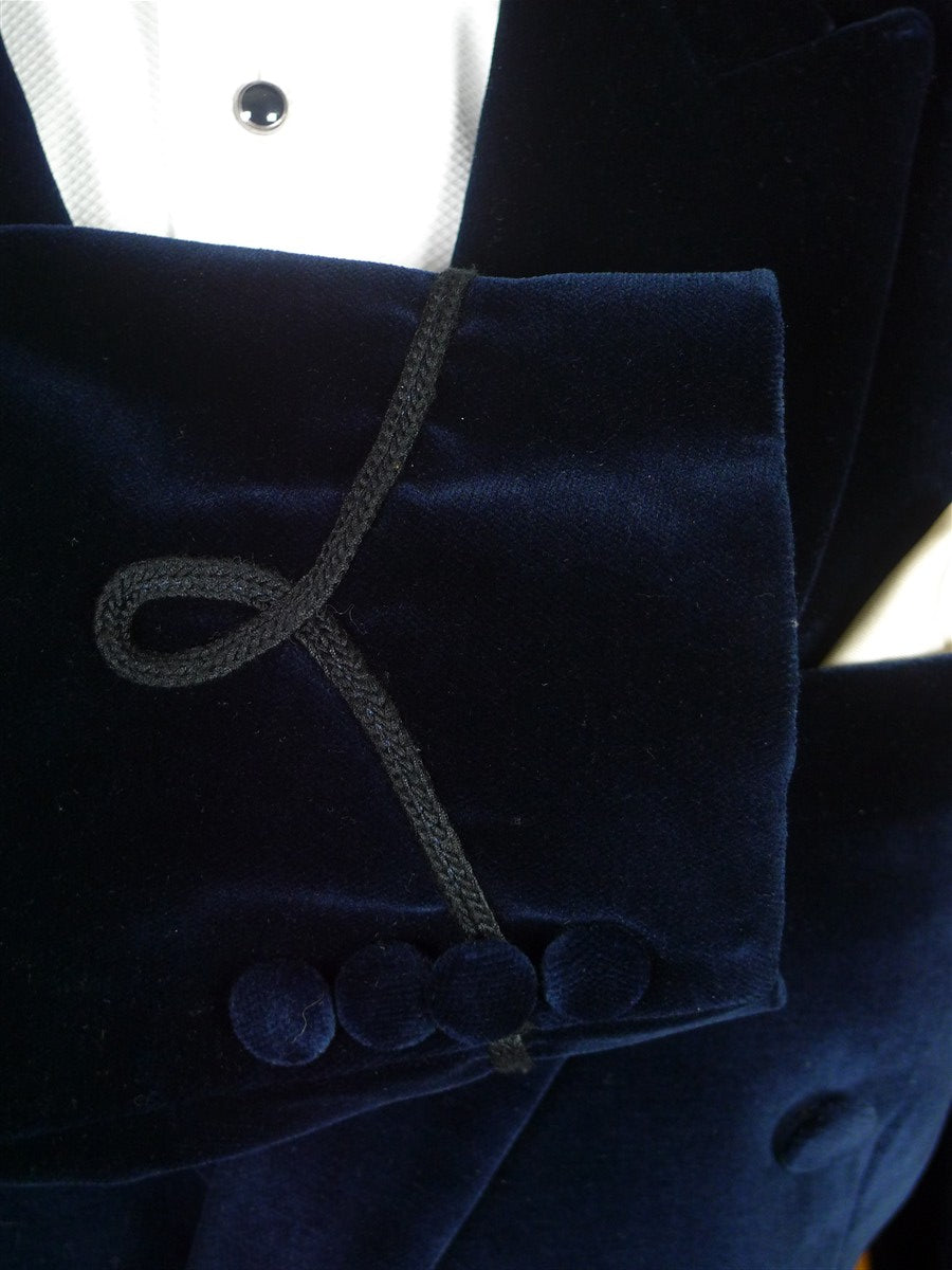 26/1107 cyprus bespoke tailored deep blue d/b velvet dinner / smoking jacket w/ braid trims 39-40 regular
