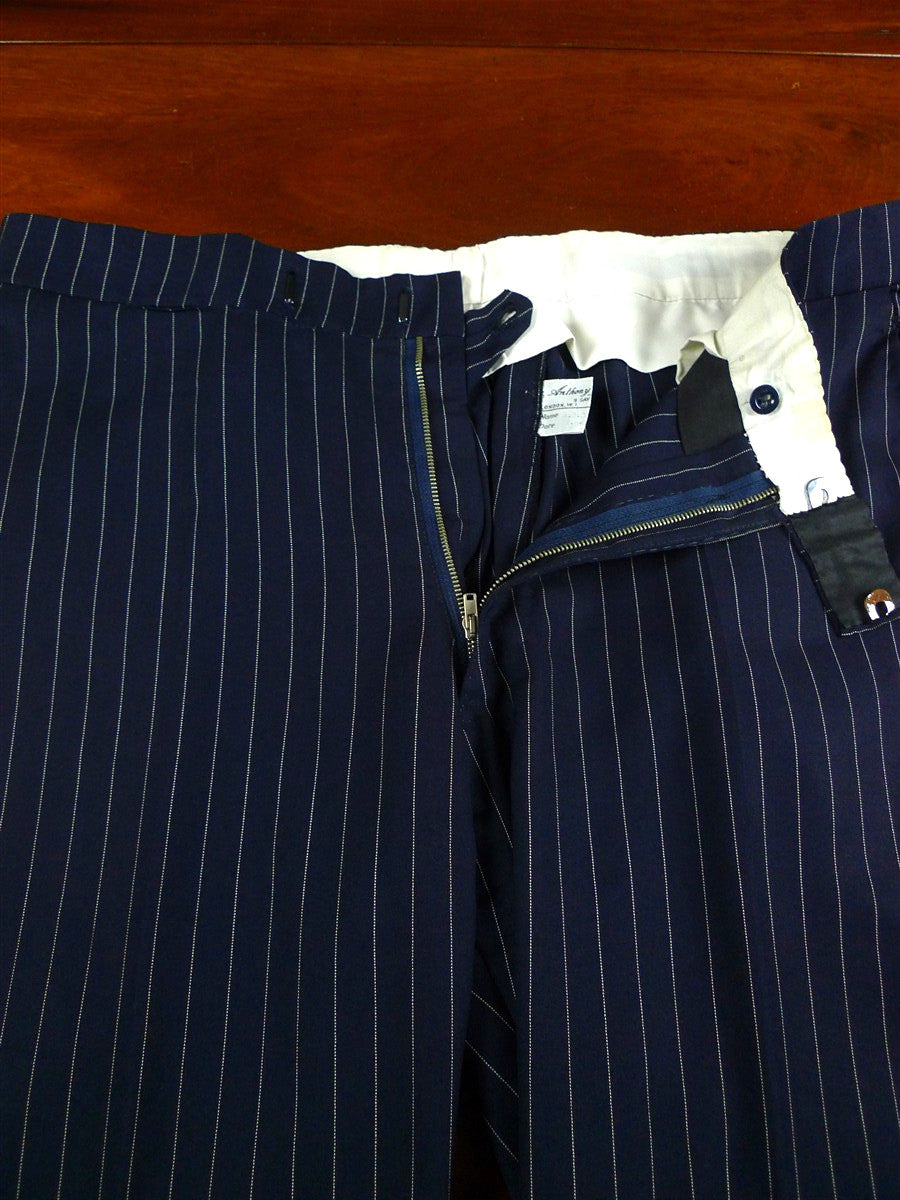 26/1130 vintage anthony hewitt savile row bespoke navy blue pin-stripe suit w/ 2 pair trs 42 regular