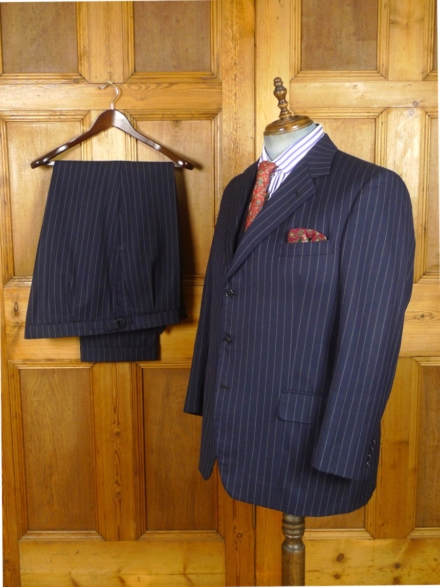 26/1132 vintage airey & wheeler savil row bespoke navy blue pin-stripe heavyweight worsted 3-piece suit 46 short
