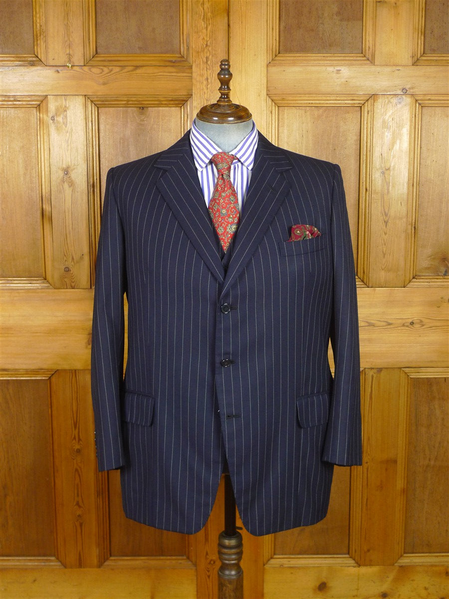 26/1132 vintage airey & wheeler savil row bespoke navy blue pin-stripe heavyweight worsted 3-piece suit 46 short