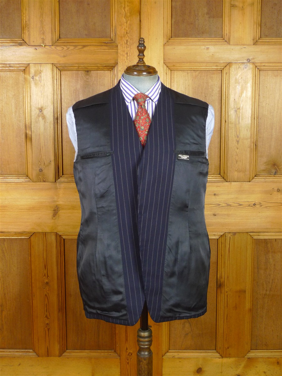 26/1132 vintage airey & wheeler savil row bespoke navy blue pin-stripe heavyweight worsted 3-piece suit 46 short