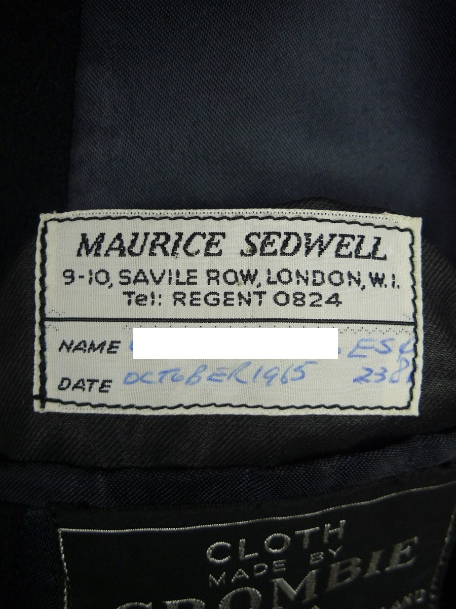 26/1146 immaculate vintage 1965 maurice sedwell savile row bespoke navy blue heavyweight crombie wool overcoat w/ silk velvet collar 40-42